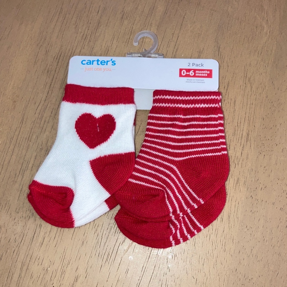 #15. Carter's Just One You - Red & White Heart + Stripe Baby Socks 2-Pack